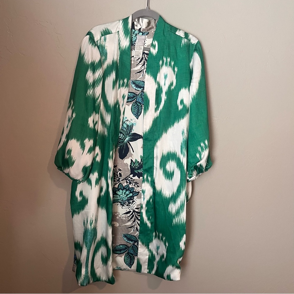 Chico’s Reversible Floral Printed Longline Kimono Ikat Duster Cardigan - Picture 8 of 15